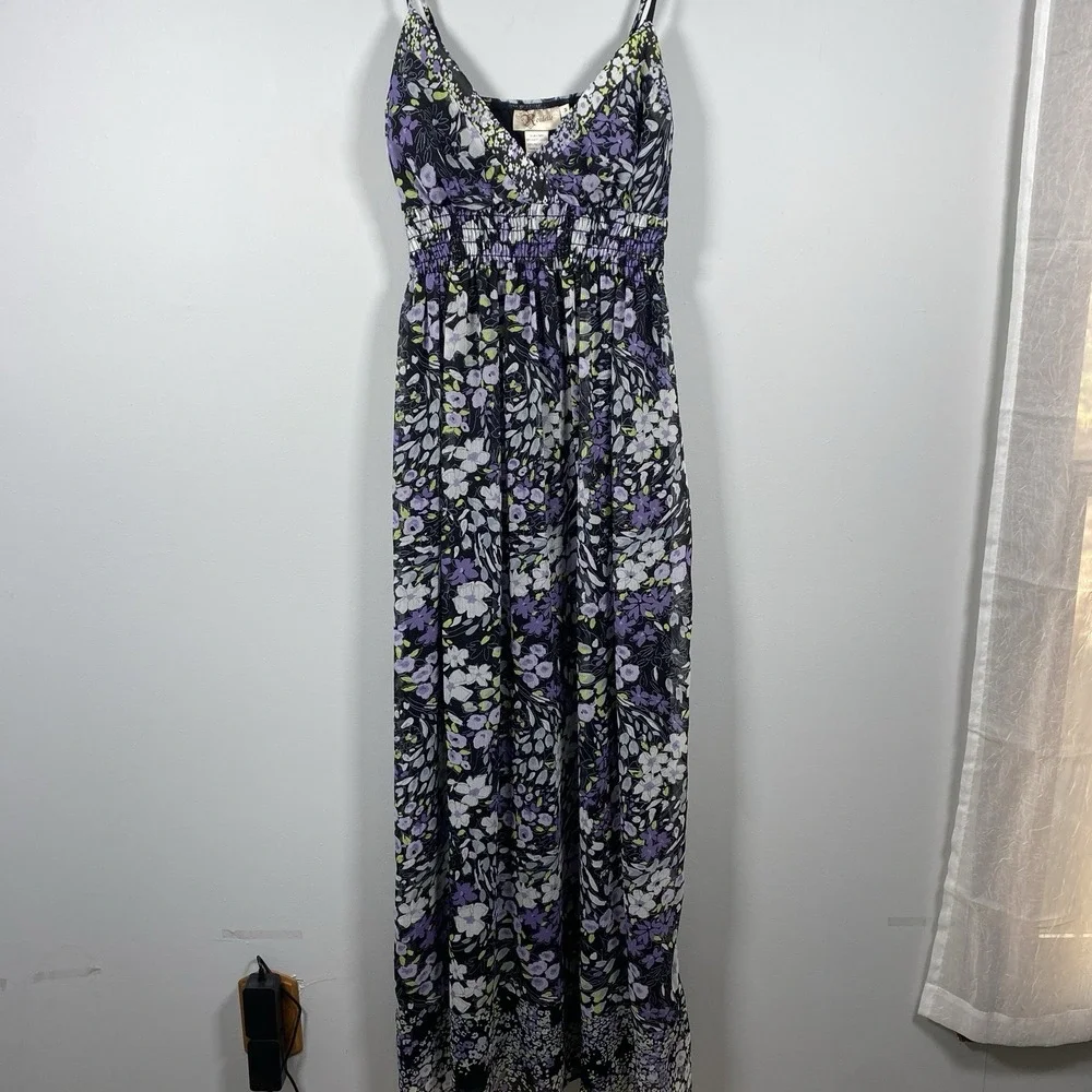 ROULETTE Smocked Black Purple Floral Dress Sz M Y2K Fairy Grunge Whimsigoth Maxi